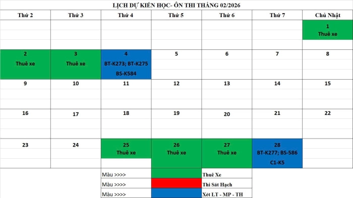 LỊCH KIỂM TRA LÝ THUYẾT, MÔ PHỎNG, THỰC HÀNH HẢI VÂN THÁNG 2/2026